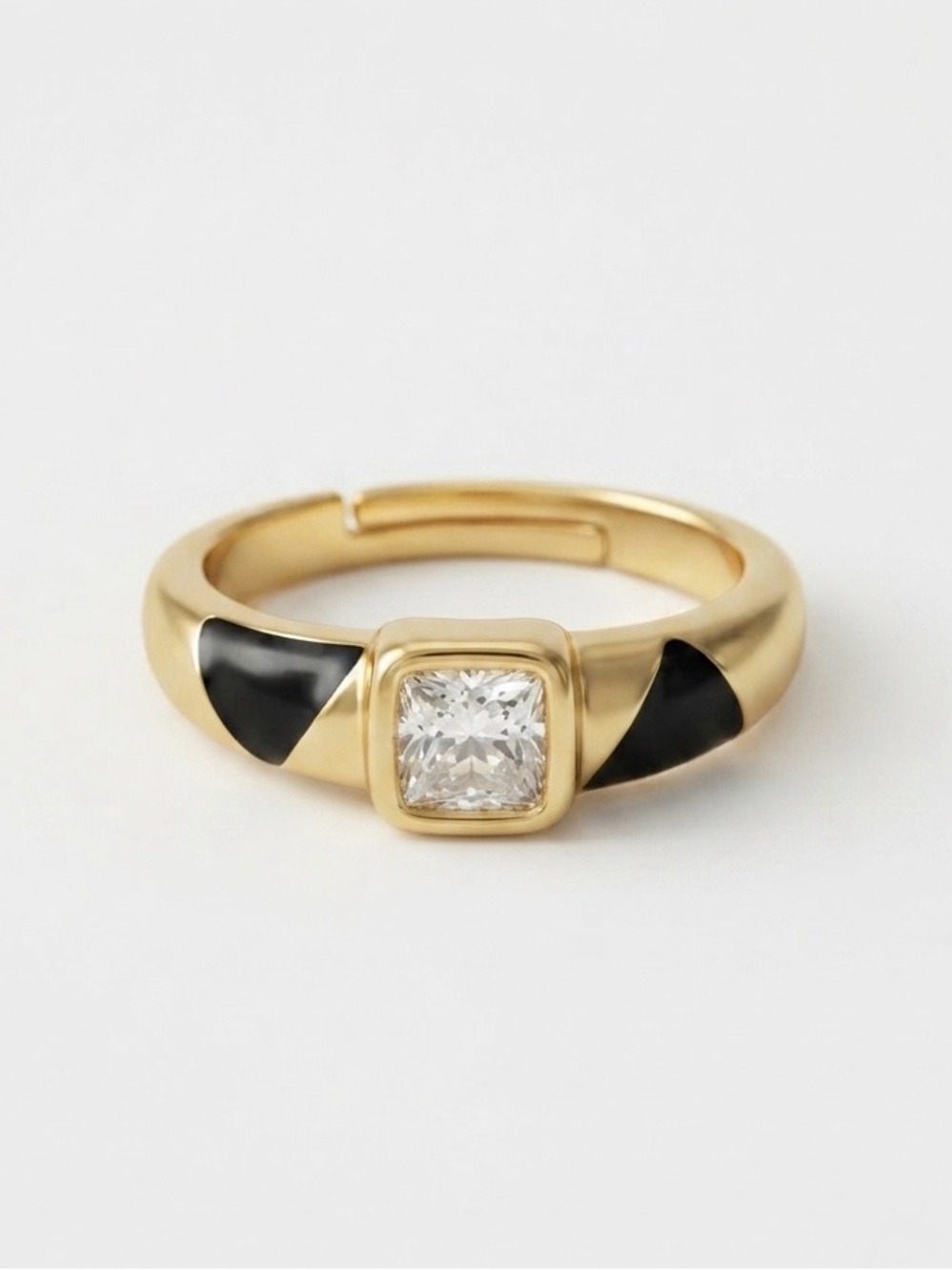 Black Enamel Zircon Statement Ring Adjustable Gold Plated Stainless Steel Ring